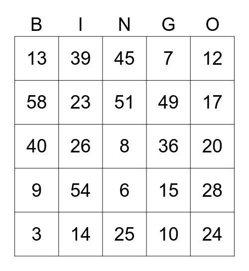 Numbers 1-60 Bingo Card