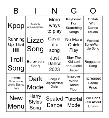 Just Dance 2023 Bingo Card