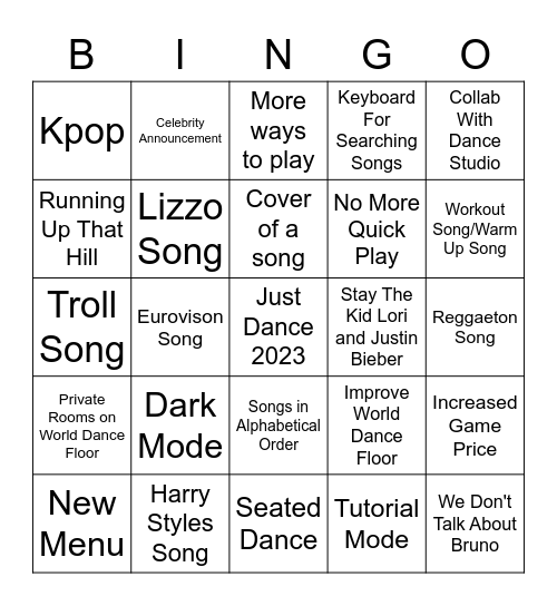 Just Dance 2023 Bingo Card