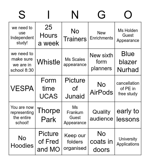 Singh-GO Bingo Card