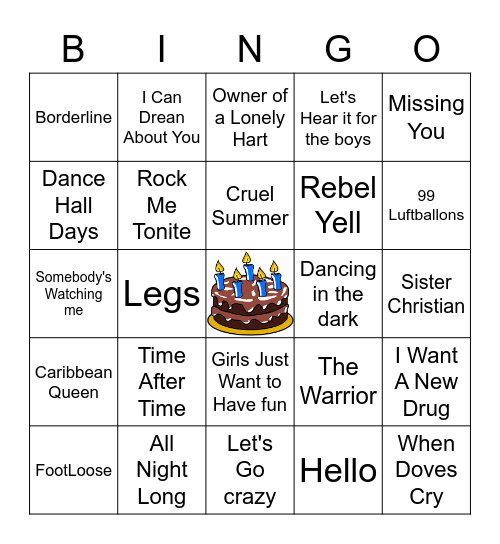 1984 best Hits Bingo Card