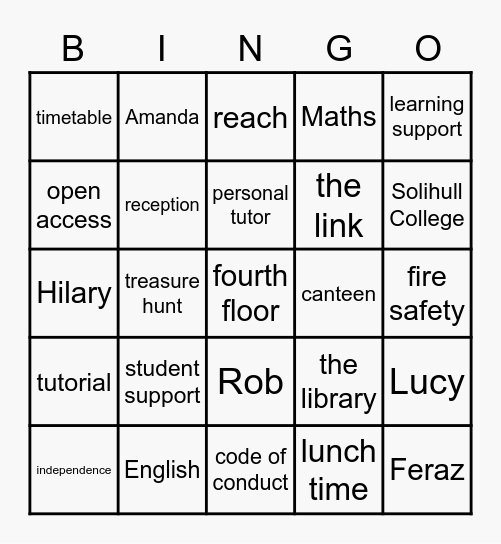 First week induction! Bingo Card