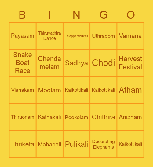Onam Bingo Card