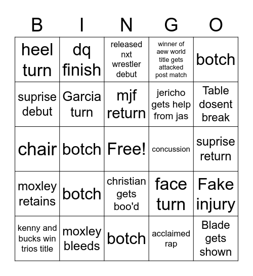 chase AEW Bingo Card