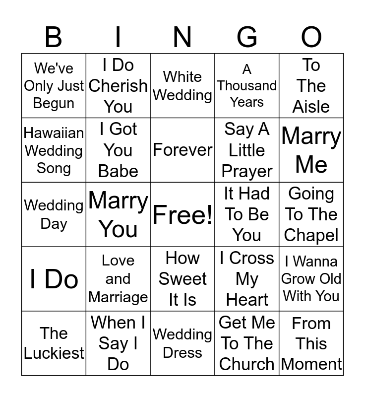 Wedding Song Bingo Card