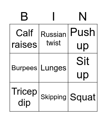 Fitness Bingo Card