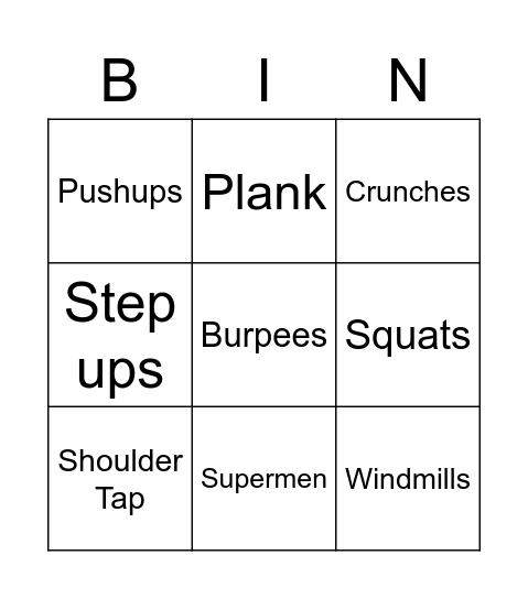 Fitness Bingo Card