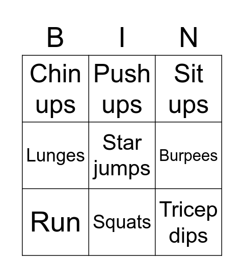 Fitness Bingo Card