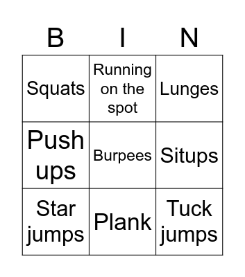 Fitness Bingo Card