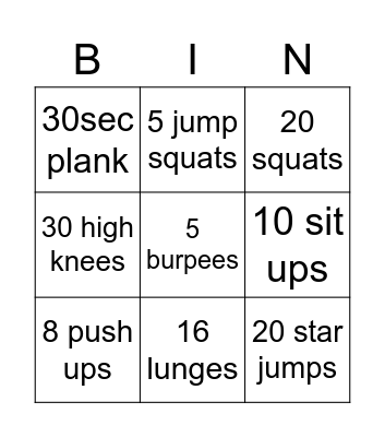 Fitness Bingo Card
