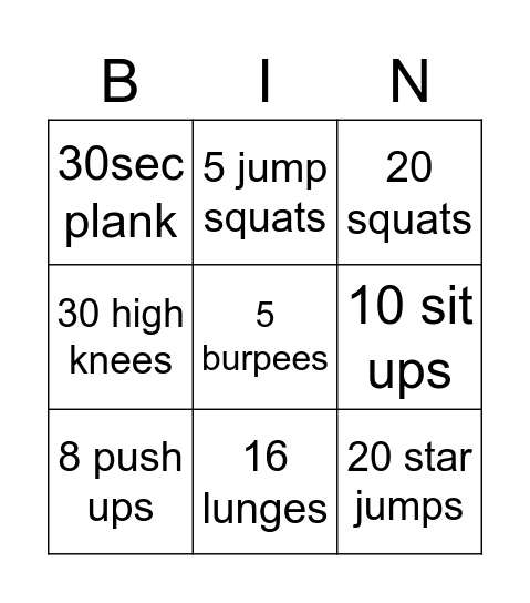 Fitness Bingo Card