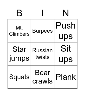 Fitness Bingo Card