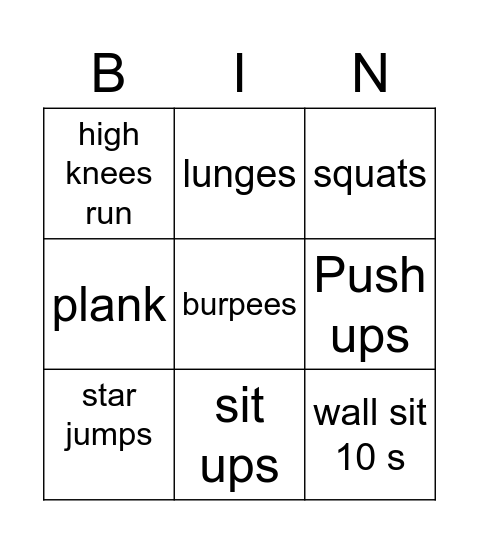 fitness bingo Card