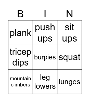 fitness bingo Card