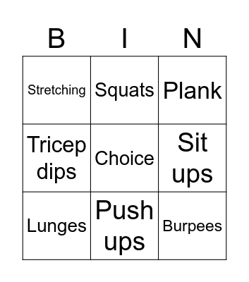 Fitness Bingo Card