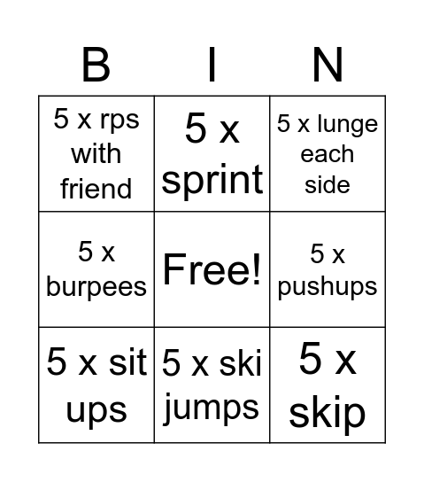 Fitness Bingo Card