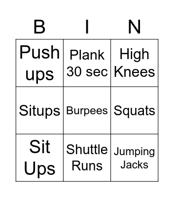 Fitness Bingo Card