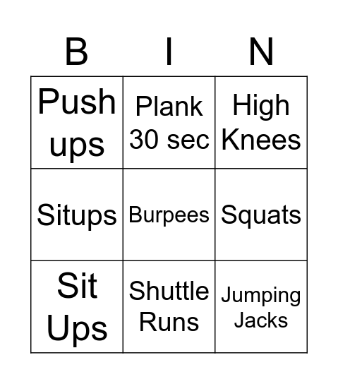 Fitness Bingo Card