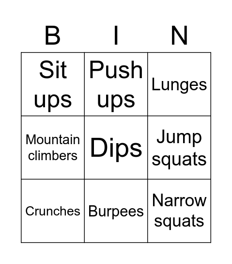 Fitness Bingo Card