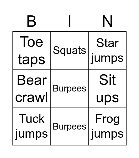 Fitness Bingo Card