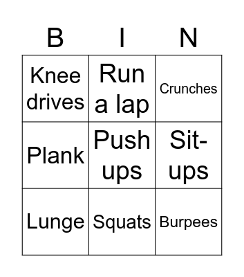 Fitness Bingo Card