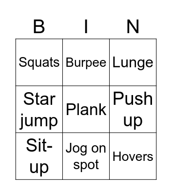 Fitness Bingo Card