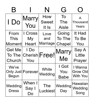 Wedding Song Bingo Card