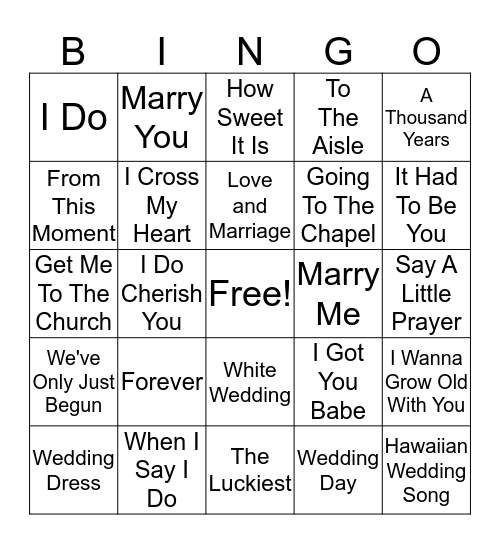 Wedding Song Bingo Card