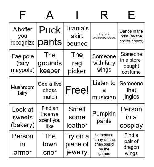 Heather's Faire Bingo 2022 Bingo Card