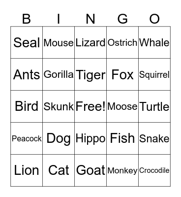 Animals Bingo Card