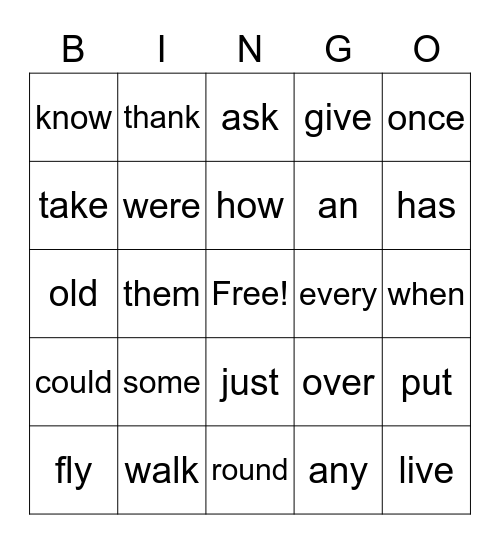SIght Words Bingo Card