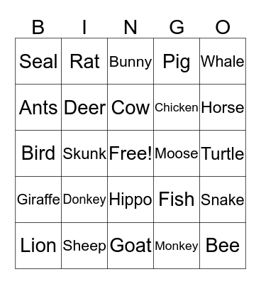 Animals Bingo Card