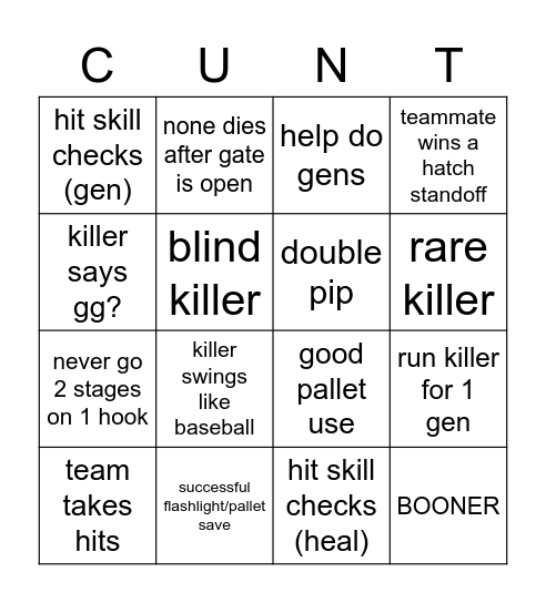 dead by daylight Bingo Card