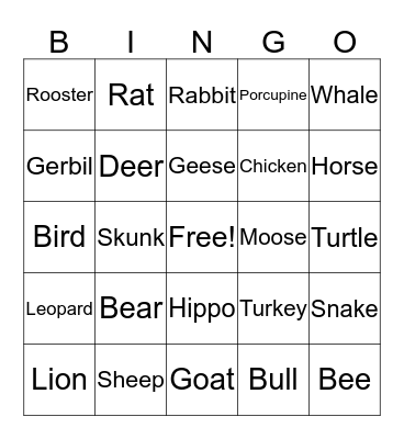 Animals Bingo Card