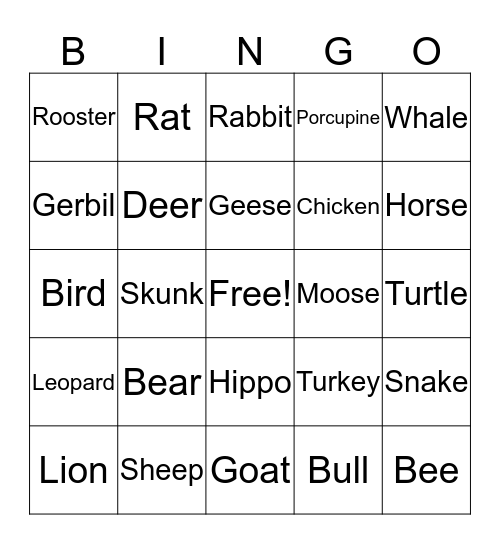 Animals Bingo Card