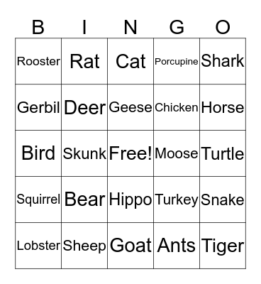 Animals Bingo Card