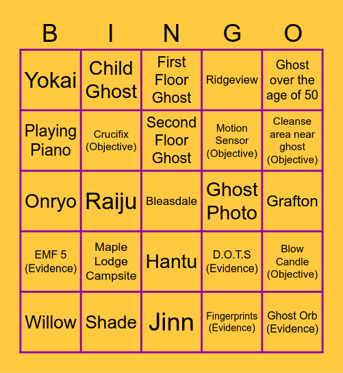 Phasmophobia Bingo Card