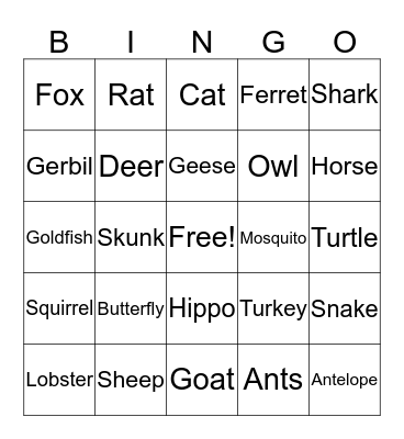 Animals Bingo Card