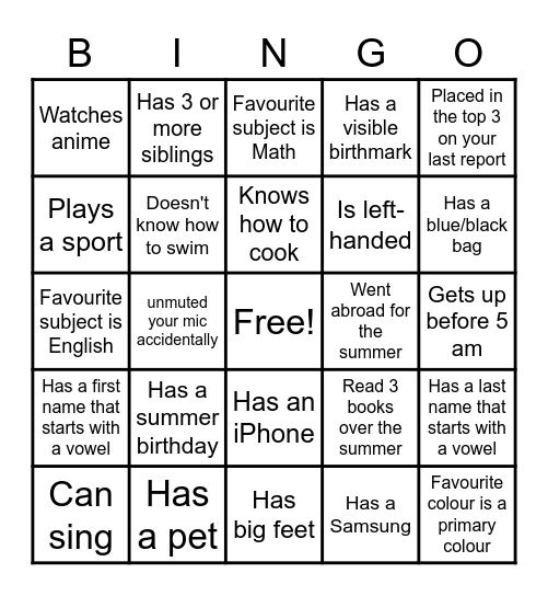 Getting to Know You Bingo Card