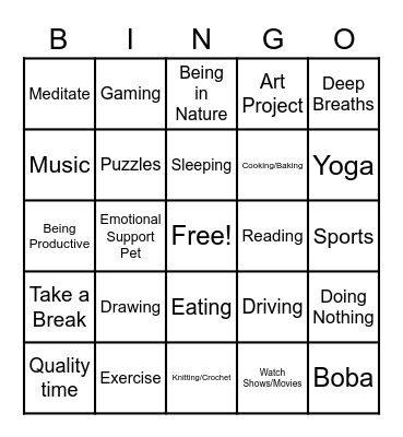 How I Manage Stress Bingo Card