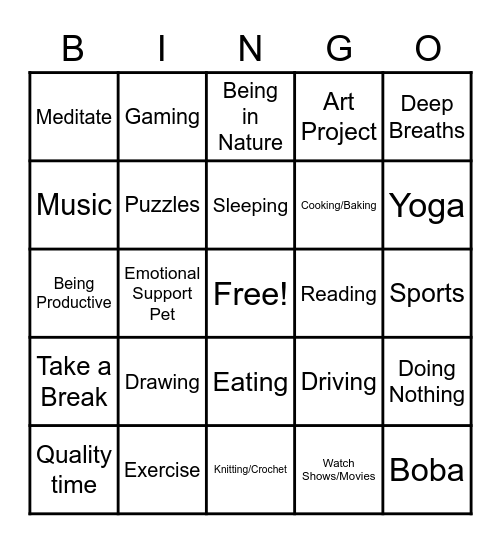 How I Manage Stress Bingo Card