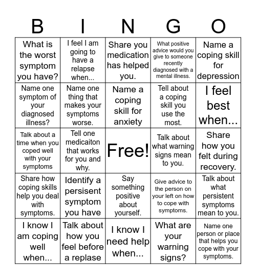 Symptom Management Bingo Card