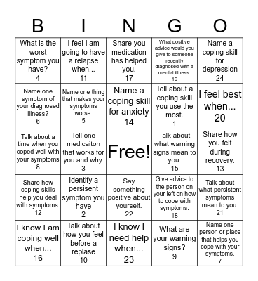 Symptom Management Bingo Card