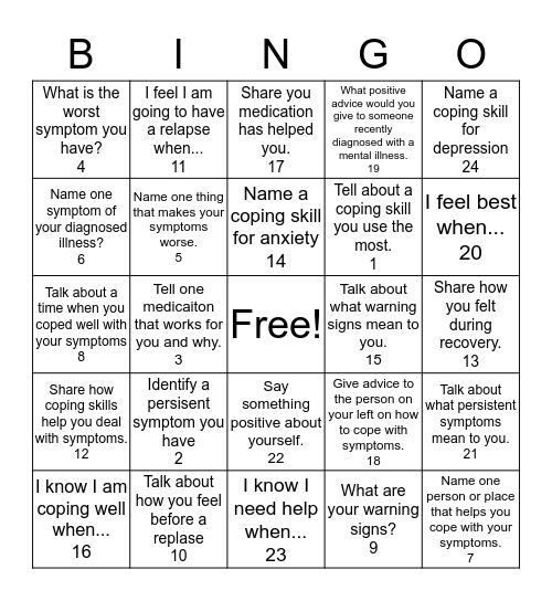 Symptom Management Bingo Card