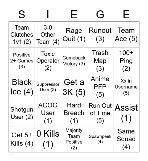 Siege Bingo Card