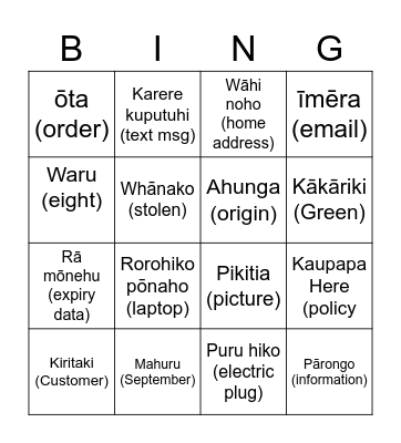 Te Wiki o Te Reo Maori Bingo Card
