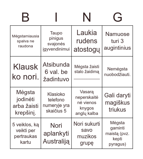 Susipažinimui Bingo Card