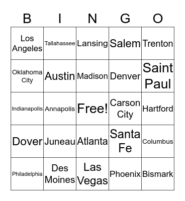 American Cities Bingo Card