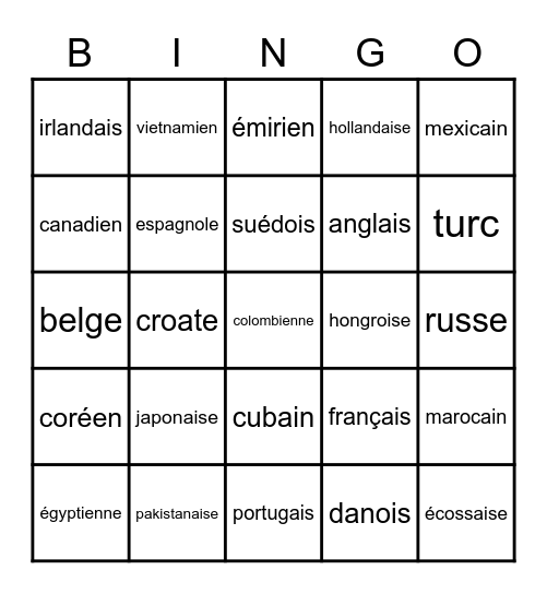 Les nationalités 2 Bingo Card