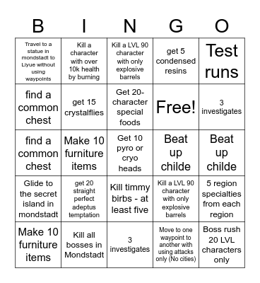 Genshin Impact Bingo! Bingo Card